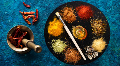 Powder of various spices and seasonings, top view